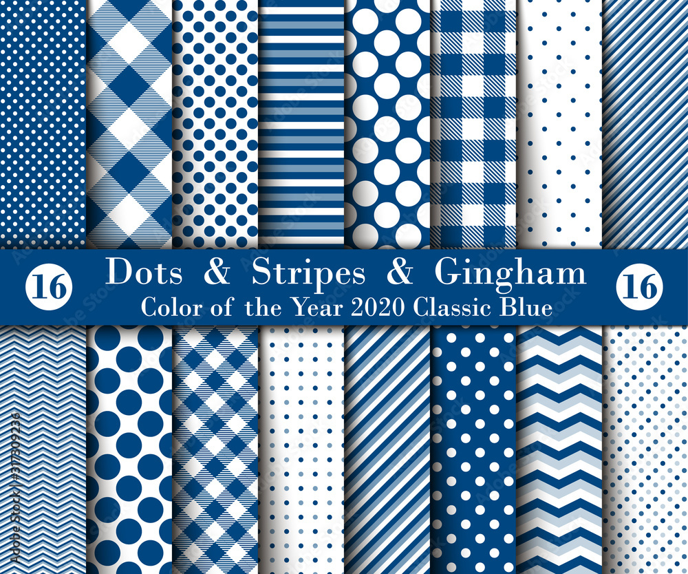 Set of Sixteen Seamless Polka Dots, Gingham, With Stripes with  Classic Blue Colors.