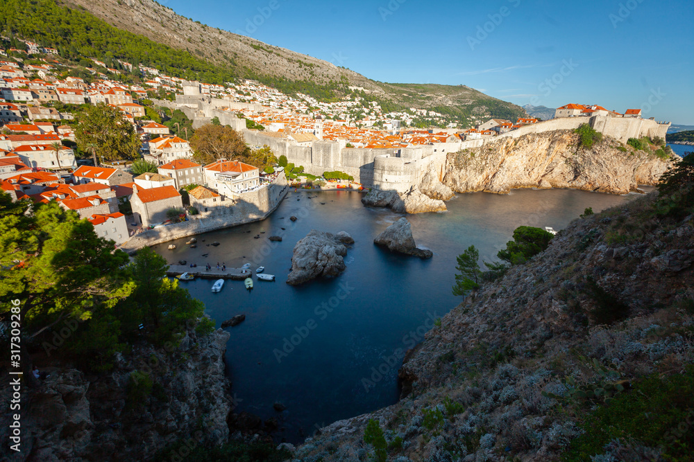 Elevated view of cityscape with coastline, Dubrovnik, Croatia