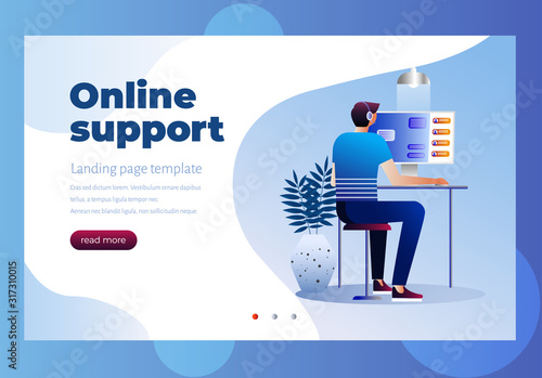Concept customer service, hotline operator advises client for web page, banner, presentation, social media. Online global technical support 24\7. Vector illustration. Landing page template