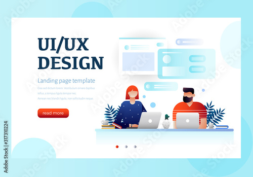 UI design concept with character and text for designer. Device content place infographic. Software group, UX/UI design, workflow, development process
