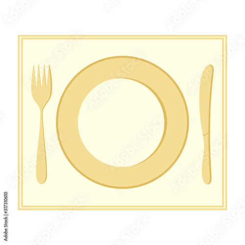 Plate, fork, and knife. Insulated Cutlery on a napkin. Dinnerware. Vector illustration for your design