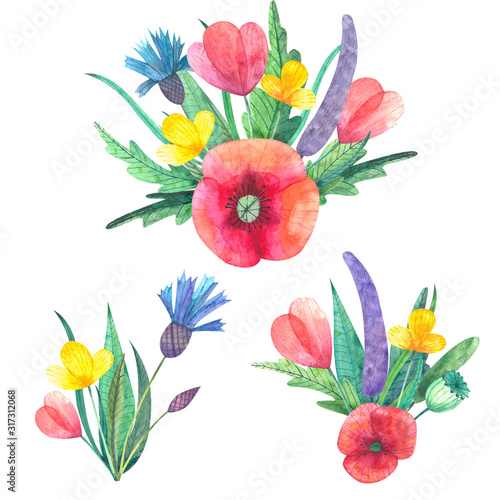 Watercolor set of  bouquets. Hand drawing floral arrangements for wedding  birthday  greetings and etc