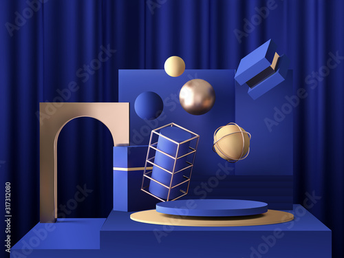 3d realistic pedestal on blue background with gold elements, disk podium with spheres, rings and boxes, abstract minimal concept, blank space, clean design, vector luxury minimalist mockup