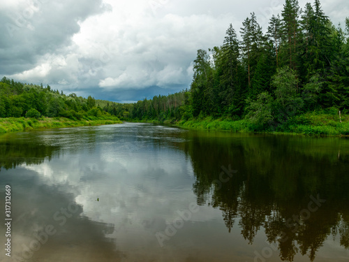 landscape with lake and trees in the background