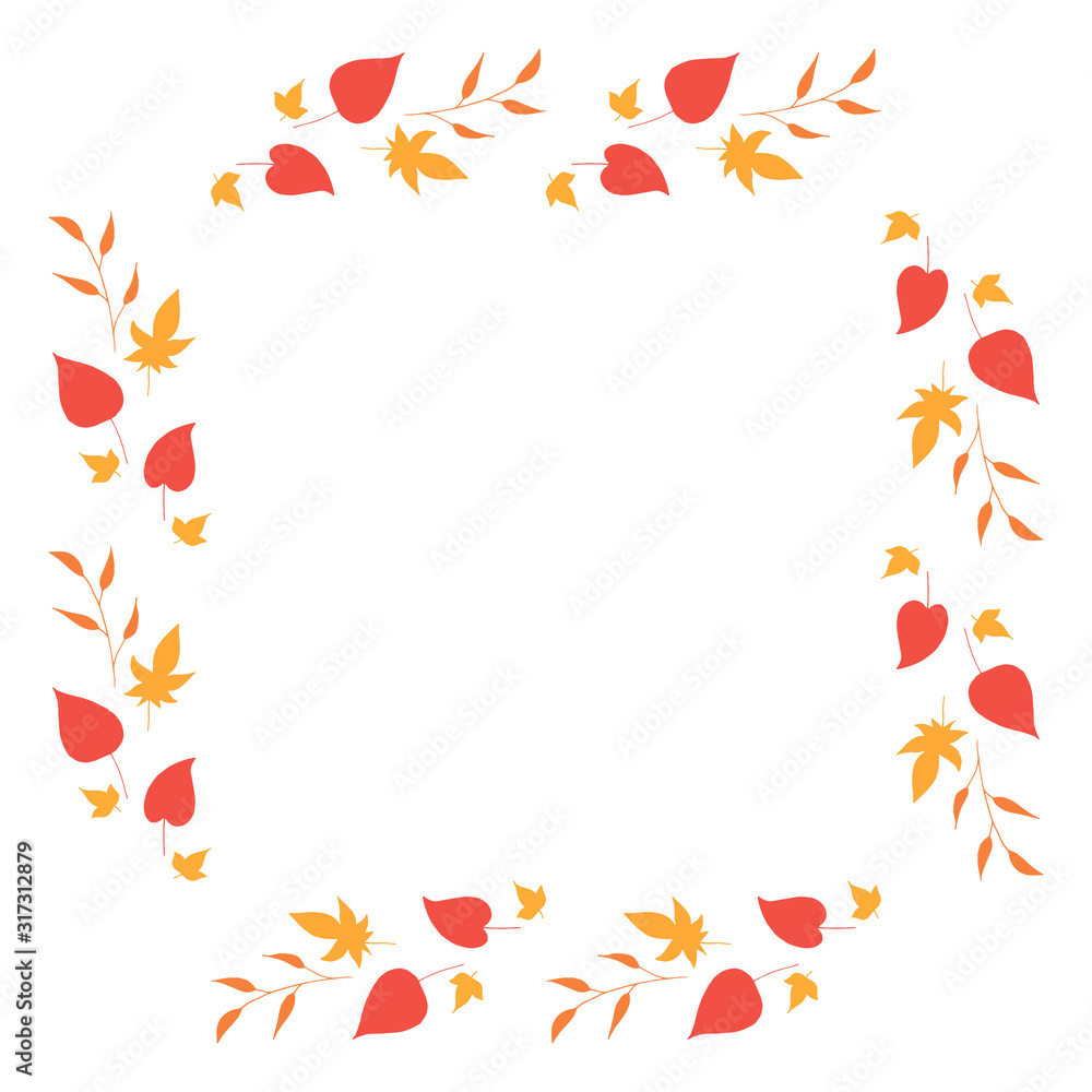 Square frame with horizontal orange branches, yellow and red leaves on white background. Isolated wreath for your design. Square frame with horizontal orange branches, yellow and red leaves on white background. Isolated wreath for your design.