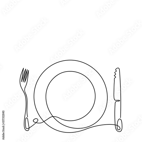 Continuous line art. Contour Cutlery Background. Kitchen utensils. One Line Drawing. Plate, fork, and knife.