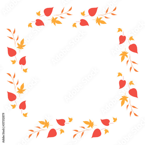 Square frame with horizontal orange branches  yellow and red leaves on white background. Isolated wreath for your design.