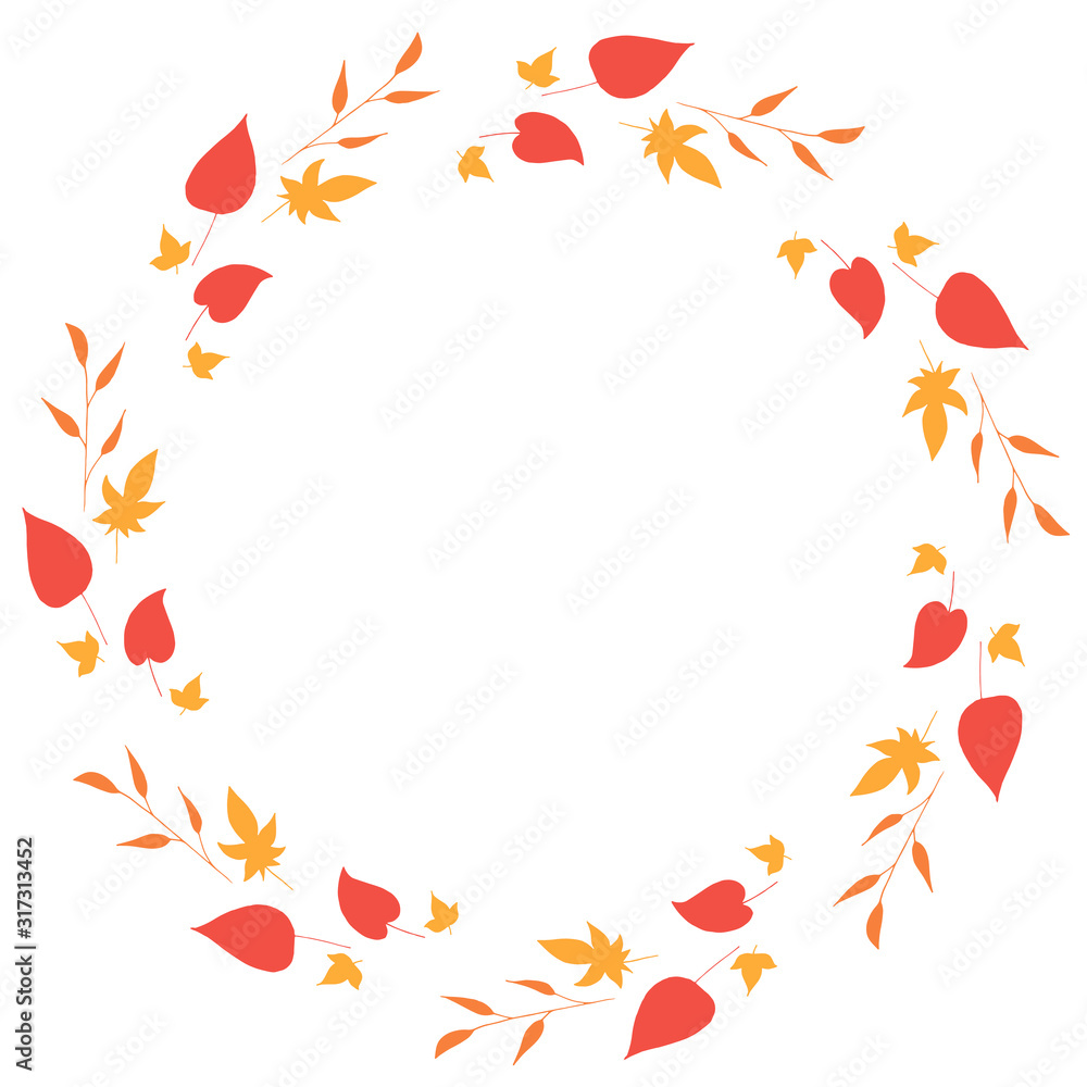 Round frame with horizontal orange branches, yellow and red leaves on white background. Isolated wreath for your design.