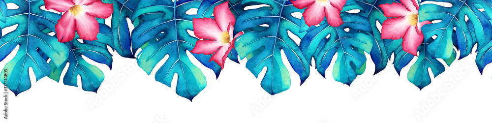 Naklejka premium Wzór z akwarela niebieskie liście monstera i różowe kwiaty