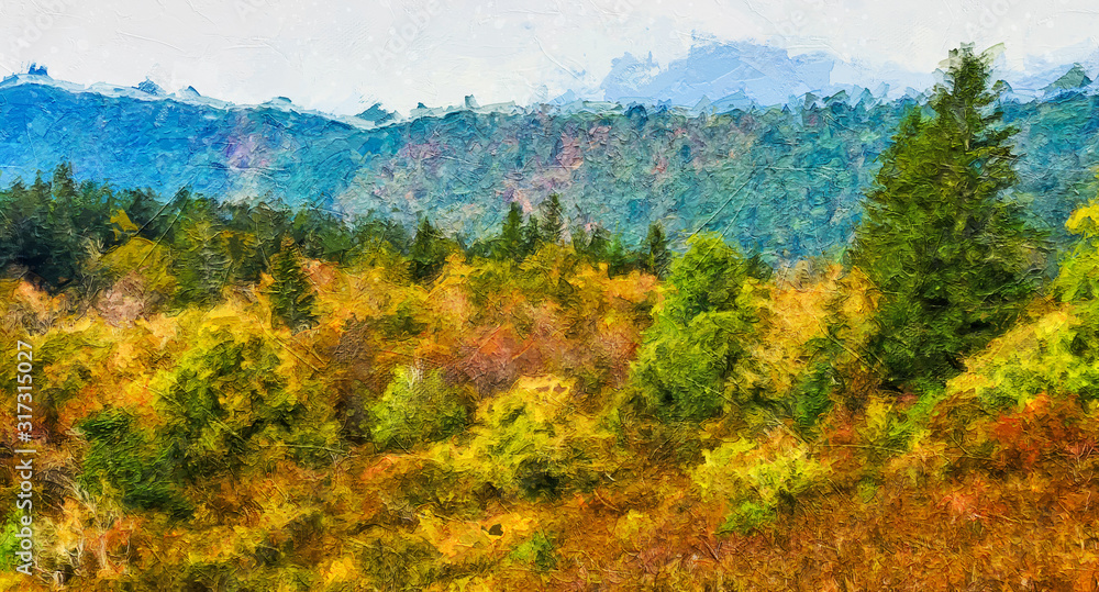 Impressionistic Style Artwork of Autumn in the Appalachian Mountains Viewed Along the Blue Ridge Parkway