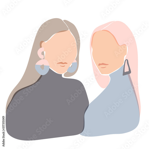 Illustration of two beautiful women staying together. Soft pastel design. Women's sisterhood concept