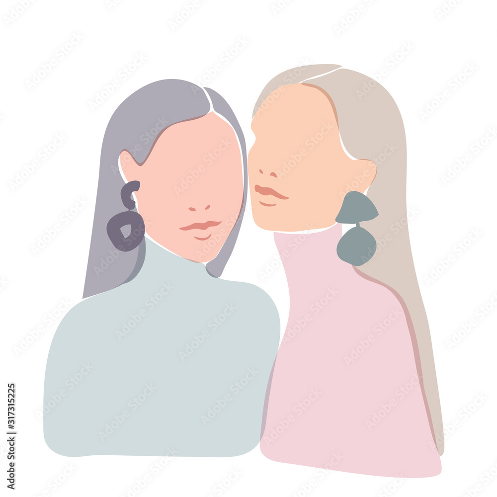 Illustration of two beautiful women staying together. Soft pastel design. Women's sisterhood concept Illustration of two beautiful women staying together. Soft pastel design. Women's sisterhood concept