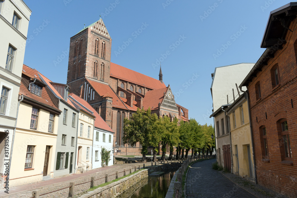 Muehlengrube River with St. Nicholas Church, Wismar, Mecklenburg-Western Pomerania, Germany