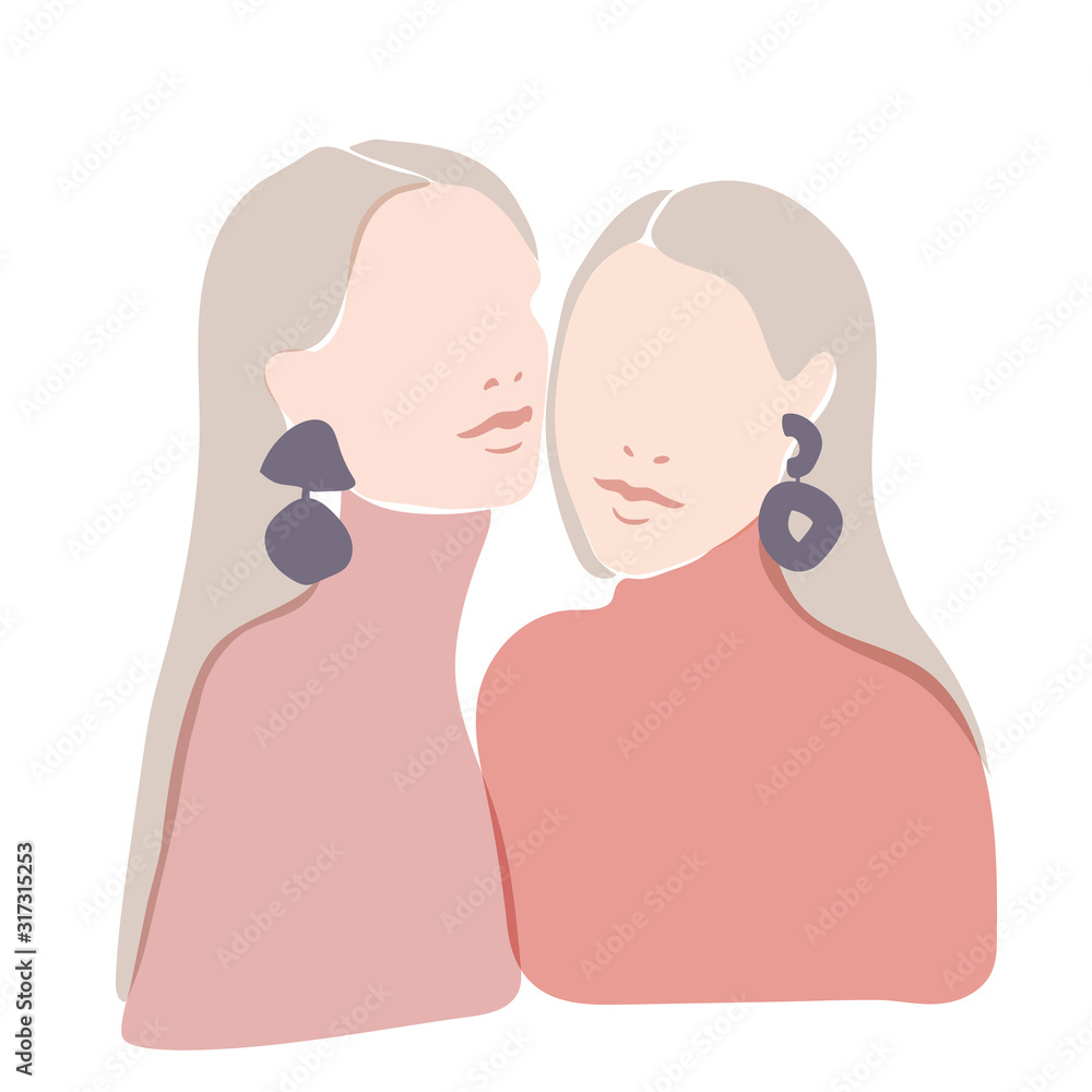 Illustration of two beautiful women staying together. Soft pastel design. Women's sisterhood concept Illustration of two beautiful women staying together. Soft pastel design. Women's sisterhood concept