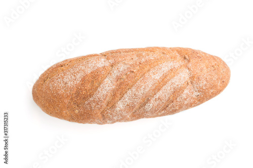 Fresh homemade bread with  flour isolated on white background. top view.