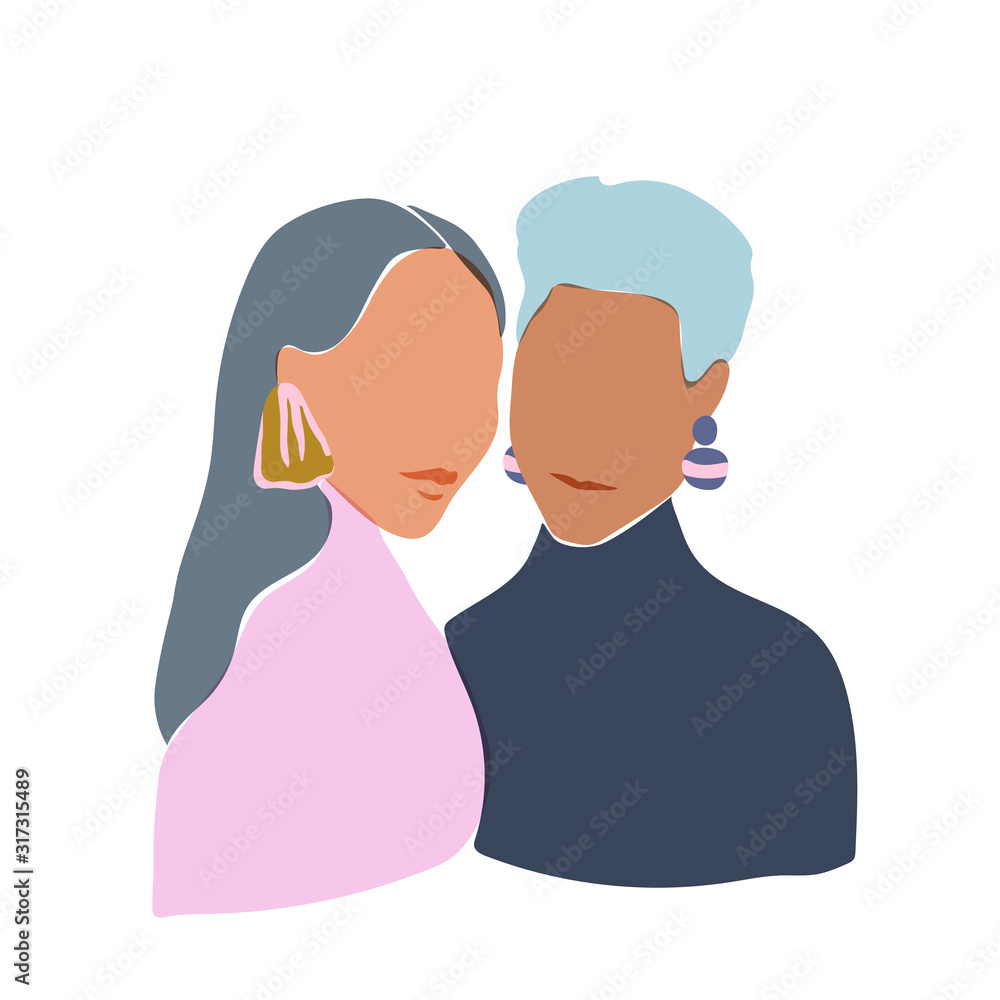 Illustration of two beautiful women staying together. Soft pastel design. Women's sisterhood concept Illustration of two beautiful women staying together. Soft pastel design. Women's sisterhood concept