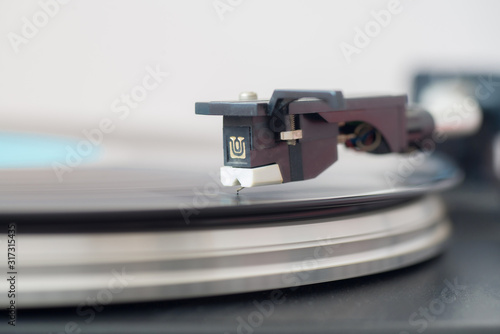 Vinyl record playing, selective focus