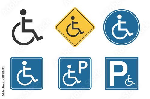 handicap icons set, wheelchair and disability symbol, handicap parking traffic sign