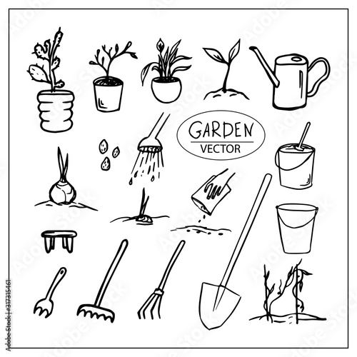 Set of vector garden tools. Drawn by hand in the doodle style with a black outline, isolated on a white background. For the design of garden shops, instructions for seeds, farm designs,flower business