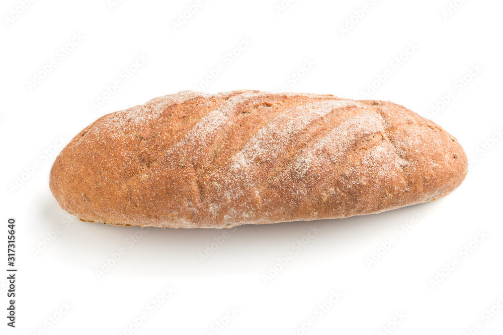 Fresh homemade bread with flour isolated on white background. side view. Fresh homemade bread with flour isolated on white background. side view.
