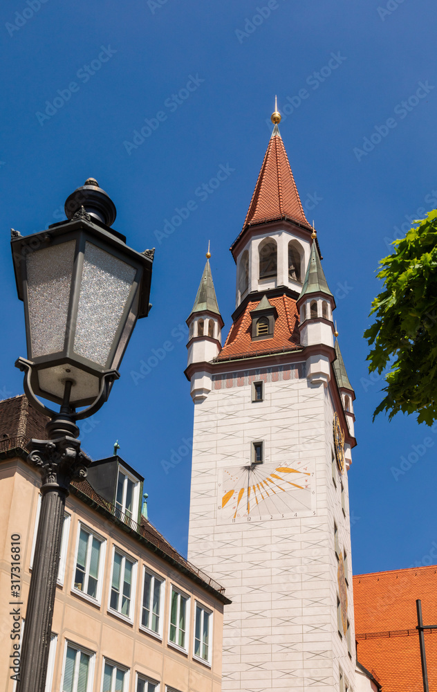 Sundial clock at Old Town Hall tower Marienplatz Munich Inner city Bavaria Germany Sundial clock at Old Town Hall tower Marienplatz Munich Inner city Bavaria Germany