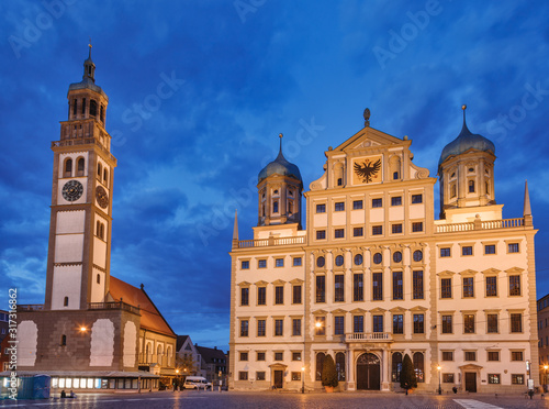 Fotografie Perlach Tower and Town Hall at Rathausplatz Augsburg Swabia Bavaria Germany