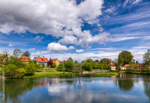 Town park and Rothenburg pond at Dinkelsbuhl Central Franconia Bavaria Germany