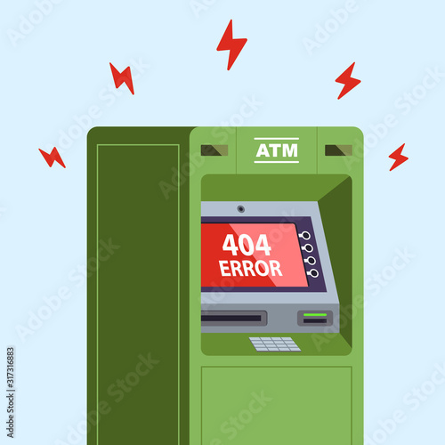 ATM stopped working. error 404 on the monitor. flat vector illustration
