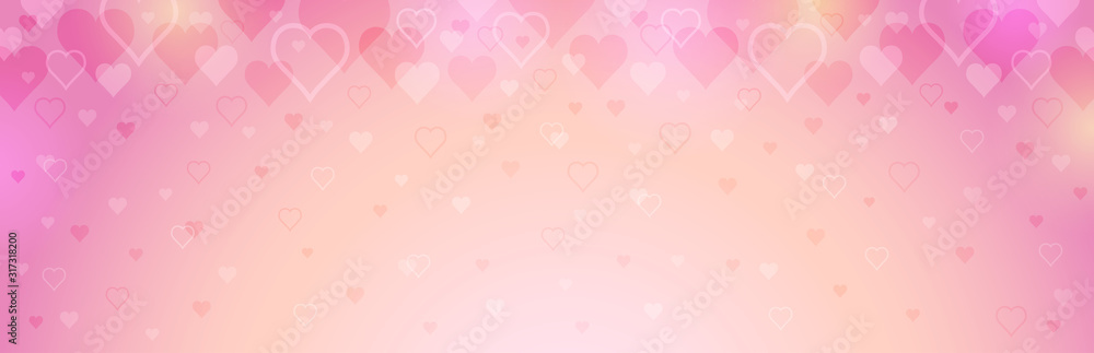 Pink banner with valentines hearts. Valentines greeting banner. Horizontal holiday background, headers, posters, cards, website. Vector illustration