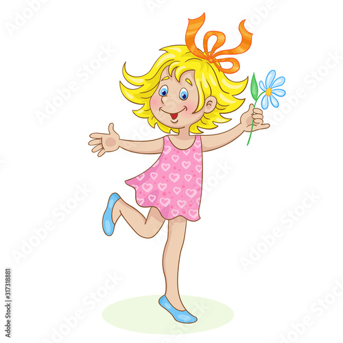 Funny little girl jumping on one leg with a flower in her hand. In cartoon style. Isolated on white background. Vector illustration.