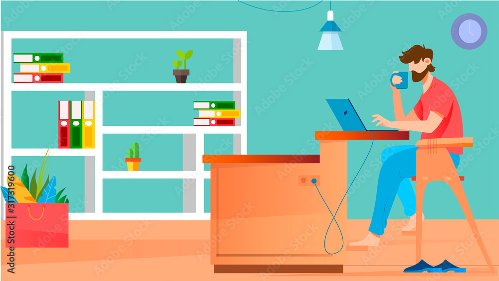 guy man working on a laptop in the room. the guy is drinking tea. shelves with documents and flowers guy man working on a laptop in the room. the guy is drinking tea. shelves with documents and flowers