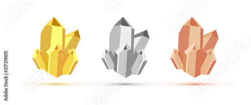 Vector set of gold, silver and bronze stone or gemstone crystals – replacement for medals. Champion winner award icons in the form of precious glittering stones isolated on a white background.