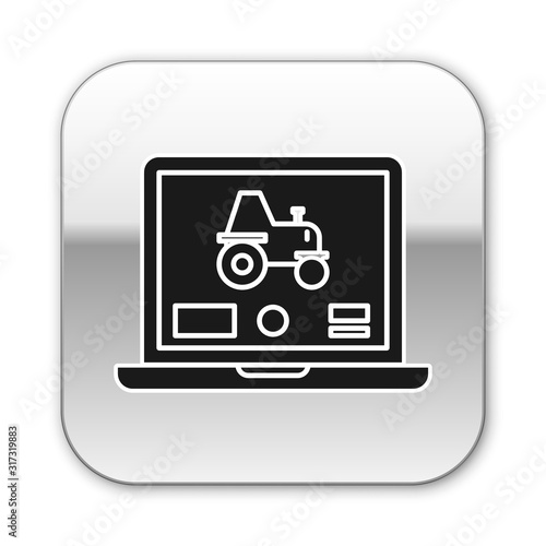 Black Laptop application for control a autonomous tractor on a smart farm icon isolated on white background. Smart agriculture implement. Silver square button. Vector Illustration