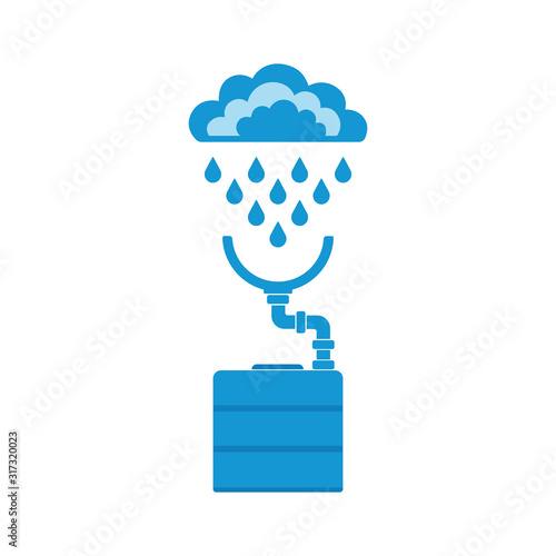 Symbols of clouds, rain, drops, system of rain water harvest. Concept of save water resources. Vector illustration.