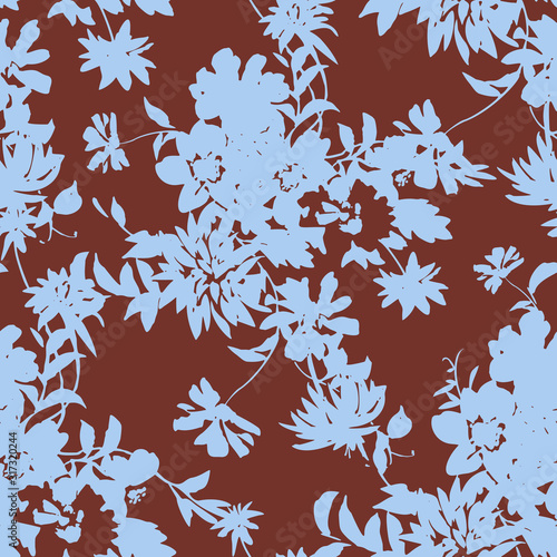 Silhouettes of garden plants and wild flowers bouquets. Vintage style. Summer floral seamless pattern made of greenery and abstract meadow flowers. Florals shadows ornament. Textile and fabric design.