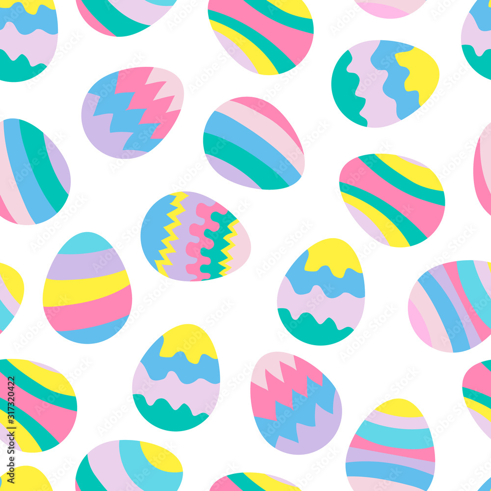 Easter eggs seamless pattern in pastel colors, multi-colored. Spring, Easter, holiday. On white background.For preparation of the compositions, postcards.In flat style. Vector Easter eggs seamless pattern in pastel colors, multi-colored. Spring, Easter, holiday. On white background.For preparation of the compositions, postcards.In flat style. Vector