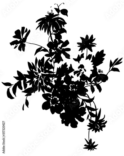 Black ink tattoo silhouettes of garden plants and wild flowers bouquet. Summer floral illustration isolated on white. Florals shadows ornament.