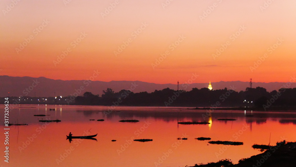 landscape near famous u bein bridge at sunset, Amarapura, Myanmar, Asia