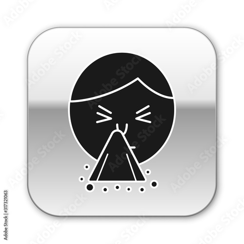 Black Man holding handkerchief or napkin to his runny nose icon isolated on white background. Coryza desease symptoms. Silver square button. Vector Illustration