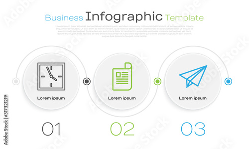 Set line Clock, Document and Paper airplane. Business infographic template. Vector