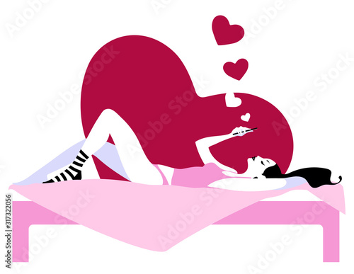 Wallpaper Mural vector illustration of a girl lying in bed and chatting with her boyfriend on the phone Torontodigital.ca