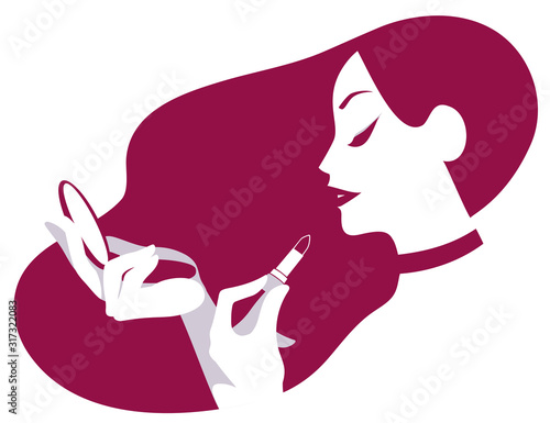 vector illustration of a beautiful girl holding a lipstick and a mirror in her hands