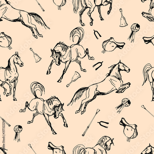 seamless monochrome background of silhouettes of galloping horses on a white background	