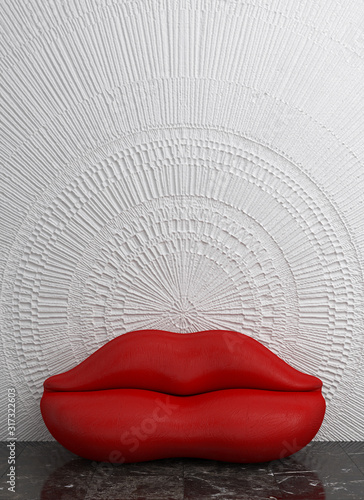 Sofa in the shape of female red lips in the interior of an empty white wall. Creative glamor interior design with copy space. 3D rendering.