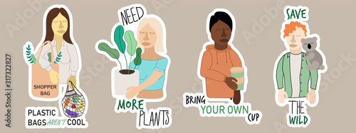 Sticker set templates with hand drawn lettering, need more plants, bring your own cup, save the wild, plastic bags aren't cool