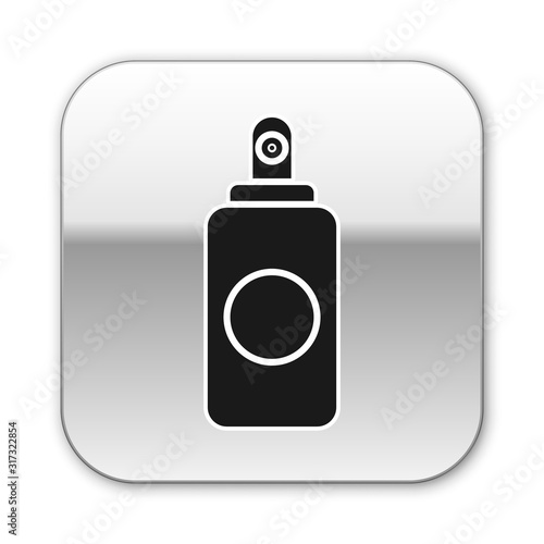 Black Spray can for air freshener, hairspray, deodorant, antiperspirant icon isolated on white background. Silver square button. Vector Illustration