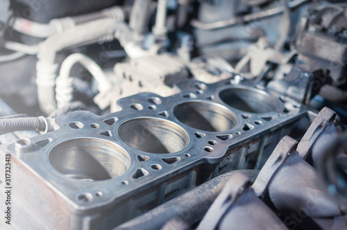 Engine block in a car. Disassembled car for repair. photo