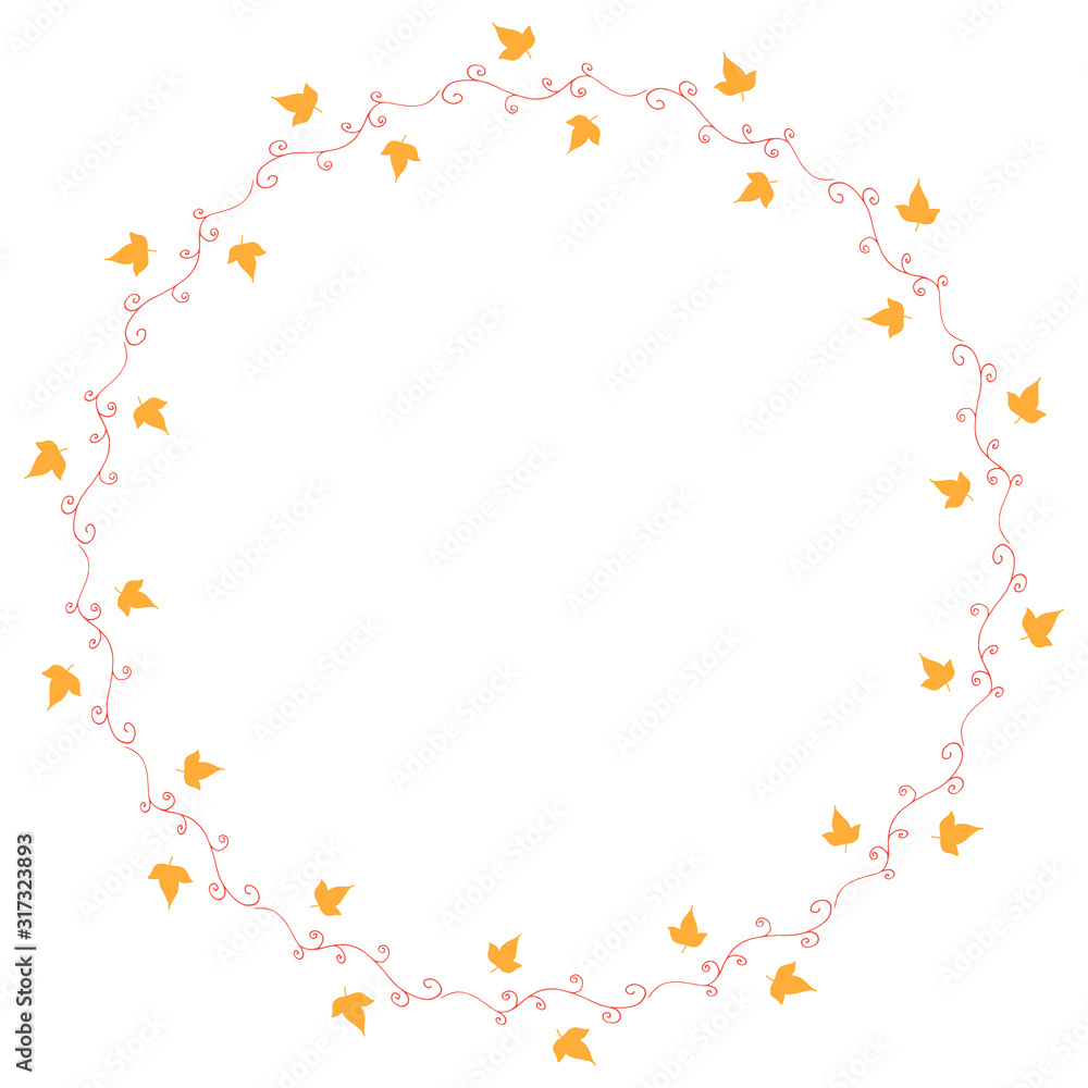 Round frame with horizontal red decorative elements and little yellow leaves on white background. Isolated wreath for your design.