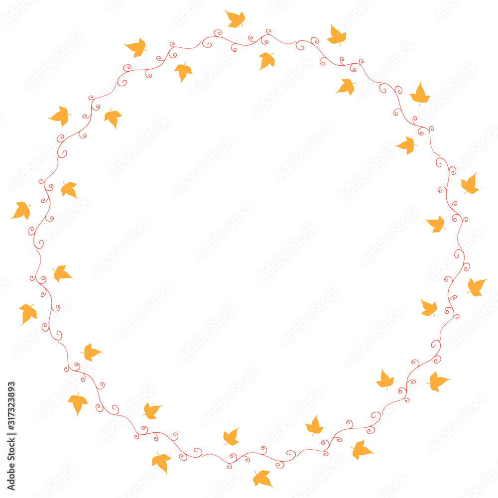 Round frame with horizontal red decorative elements and little yellow leaves on white background. Isolated wreath for your design. Round frame with horizontal red decorative elements and little yellow leaves on white background. Isolated wreath for your design.