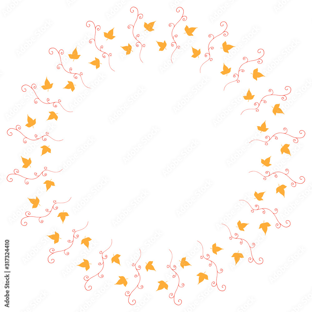 Round frame with vertical red decorative elements and little yellow leaves on white background. Isolated wreath for your design.